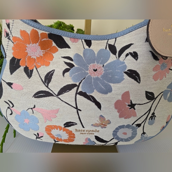 Kate Spade Penny Floral Jacquard Small Hobo + Rose Leather Circle Mirror Charm - Picture 5 of 16